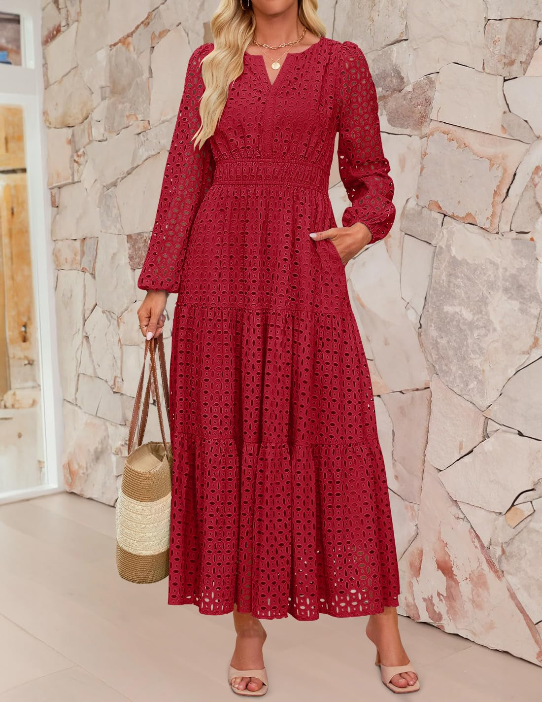 Women's 2026 V Neck Hollow Out Eyelet A Line Long Flowy Dresses