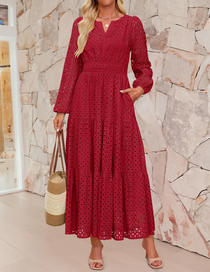 Women's 2026 V Neck Hollow Out Eyelet A Line Long Flowy Dresses