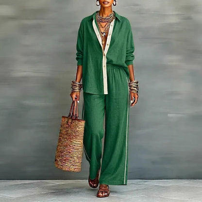 Contrast-Color Long-Sleeve Shirt & Pants Set – Two-Piece