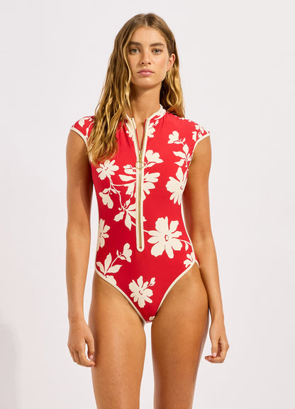 Mayflower Cap Sleeve Zip Front One Piece Swimsuit