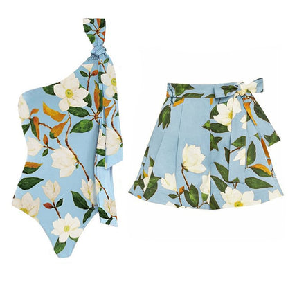 Chic Off-Shoulder Bow Tie Strap One-Piece Swimsuit Set for Women