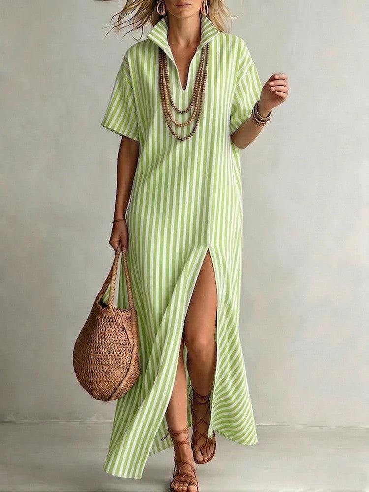 V-neck short sleeved striped split cotton linen dress