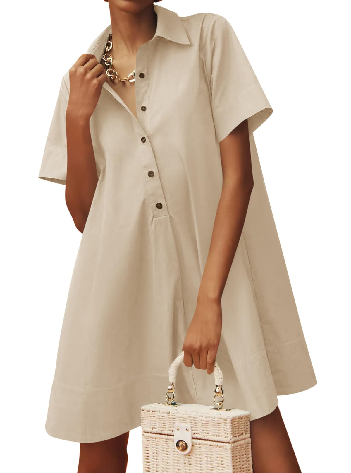 Women's Oversized Button-Down Shirt Dress, Casual Short Sleeve Collared Mini Dress