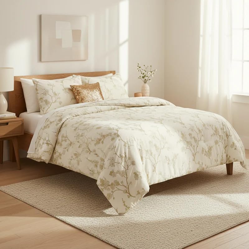 Floral 5-Piece Comforter Set, Farmhouse Bed in a Bag with Comforter, Pillow Shams, Decorative Pillows for All Seasons
