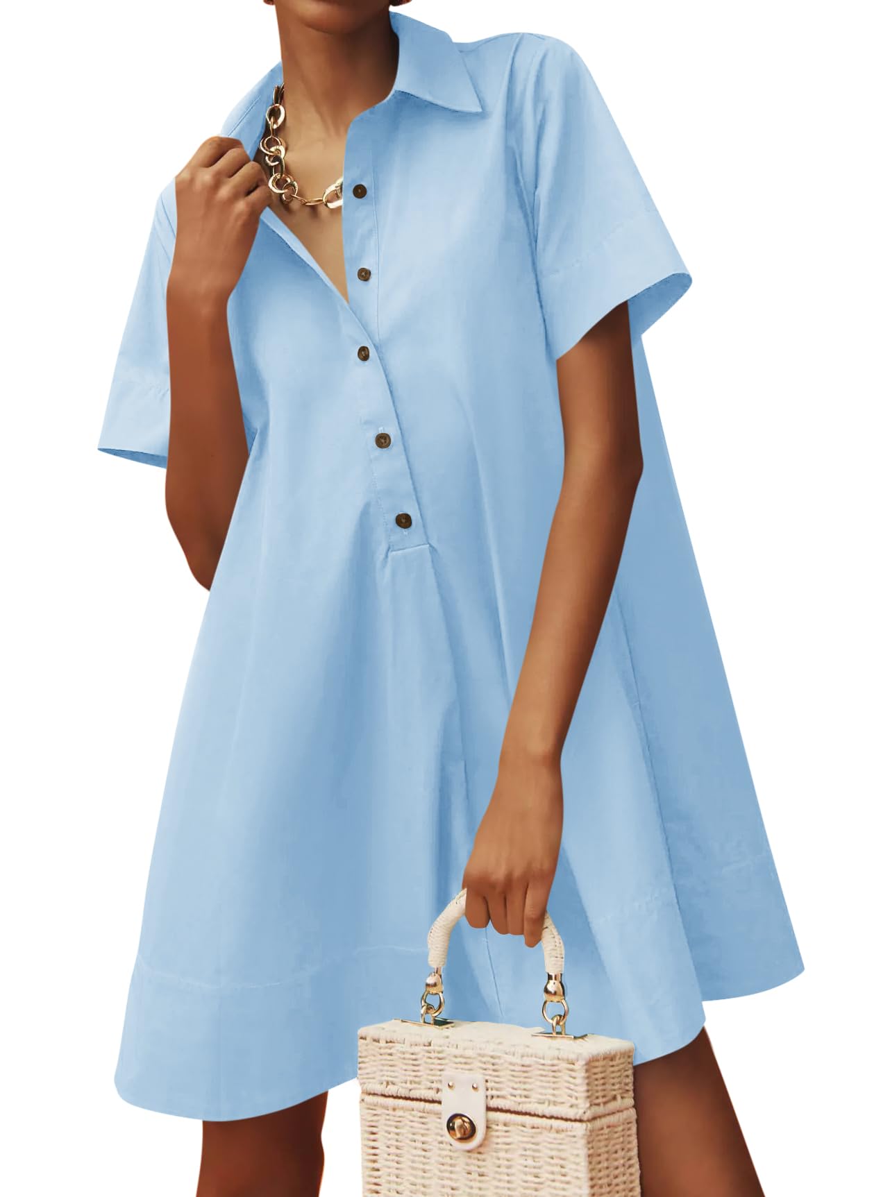 Women's Oversized Button-Down Shirt Dress, Casual Short Sleeve Collared Mini Dress