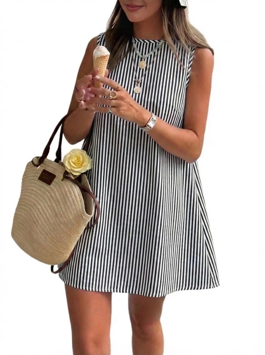 Womens Striped Dress Spring Summer Beach Boho Sleeveless Mini Sundress
