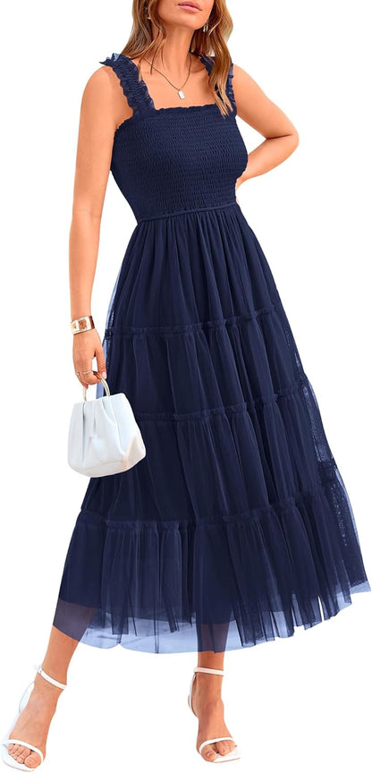✨Women's Casual Sleeveless Square Neck Smocked Ruffle Tulle Party Wedding Guest Dresses