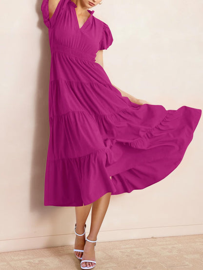 Puff Short Sleeve V Neck Flowy Tiered Beach A-Line Dresses