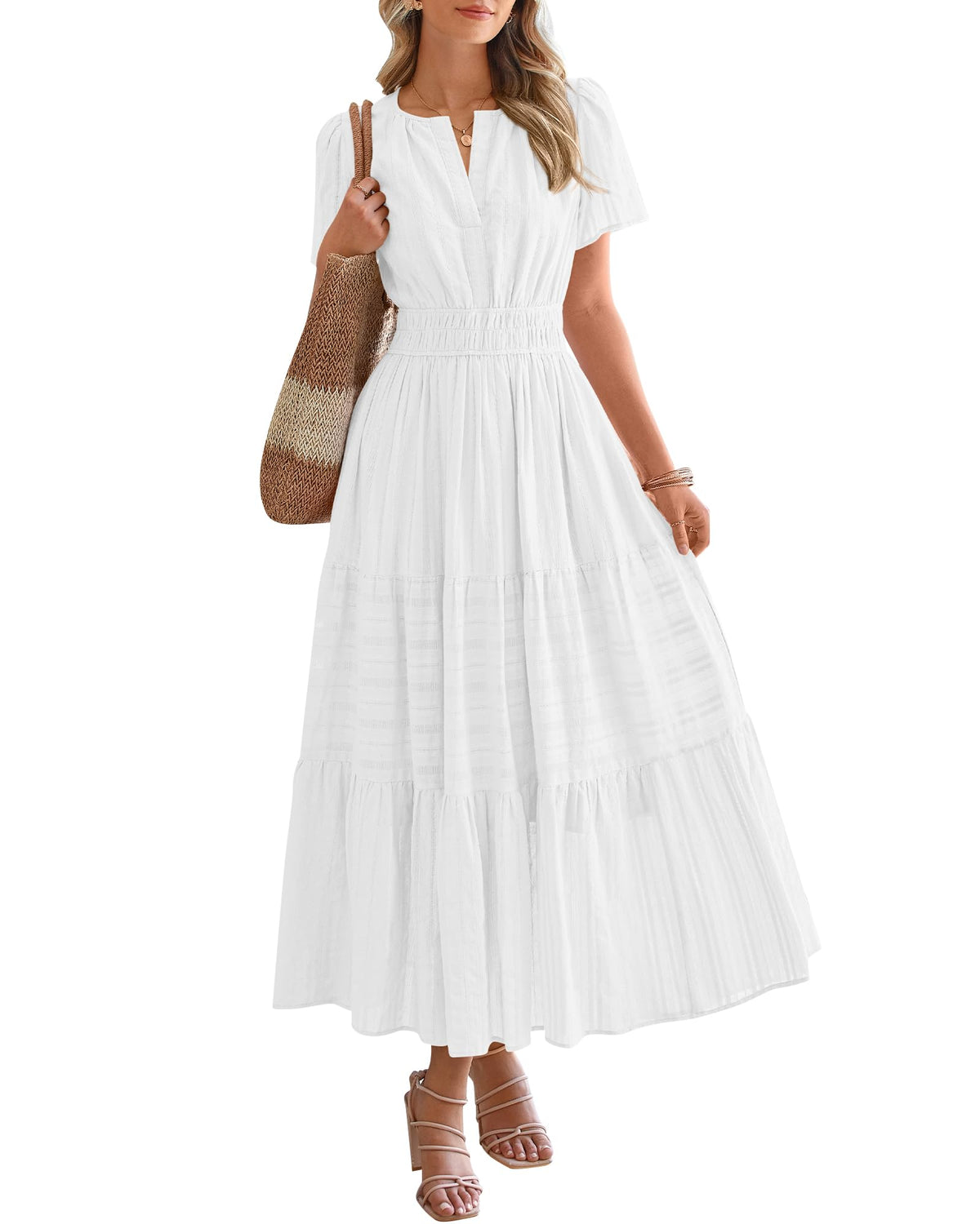 Women's Lightweight Short Sleeve V Neck Elastic Waist Dresses