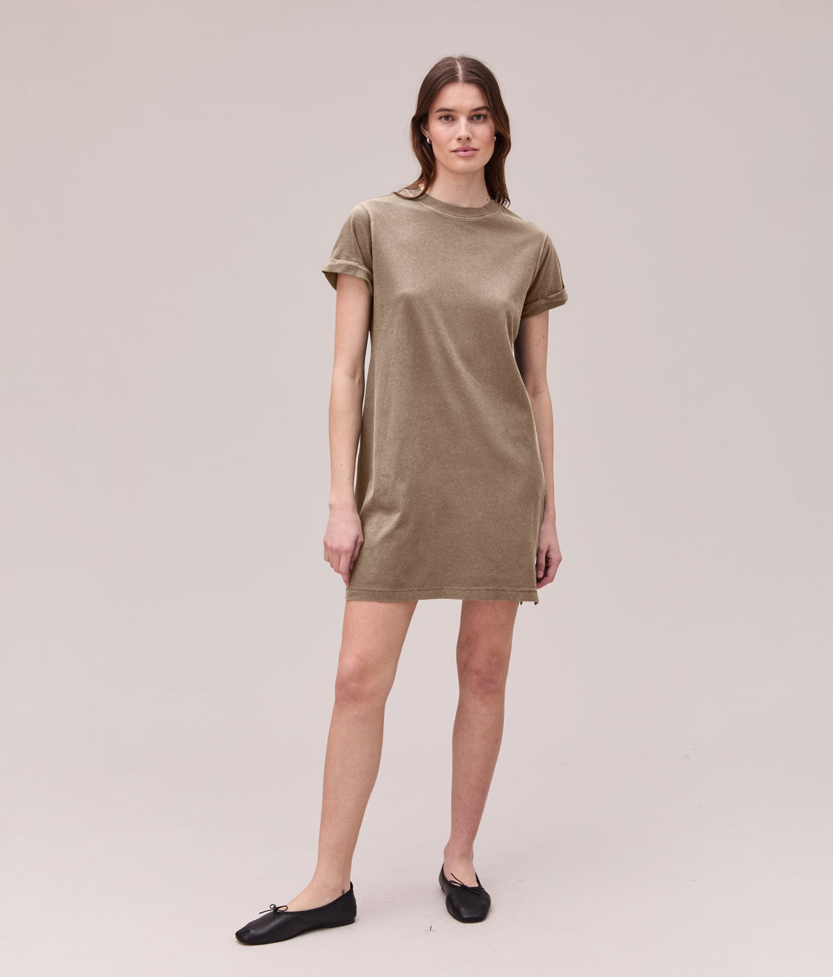 Womens Relaxed Tee Mini Dress - Pigment Dye Jersey - Warm Grey