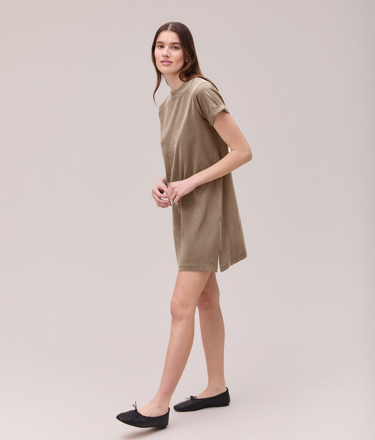 Womens Relaxed Tee Mini Dress - Pigment Dye Jersey - Warm Grey