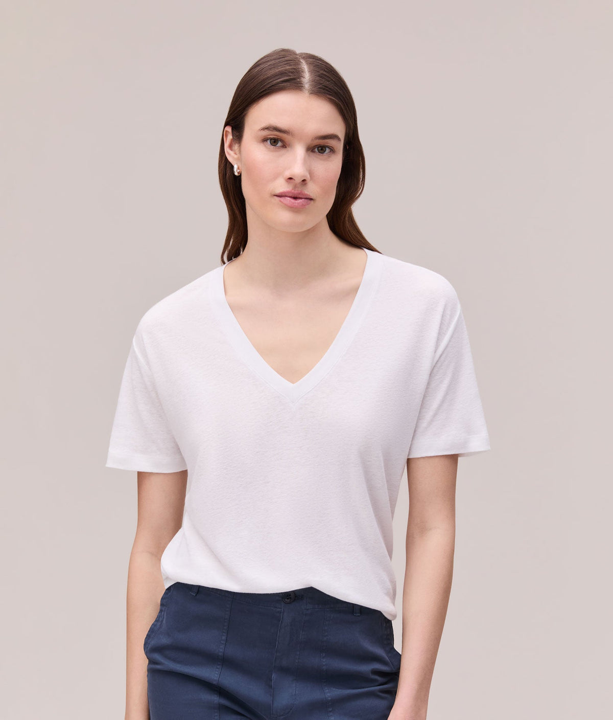 Womens Linen Jersey V Neck Tee - Linen Jersey - White
