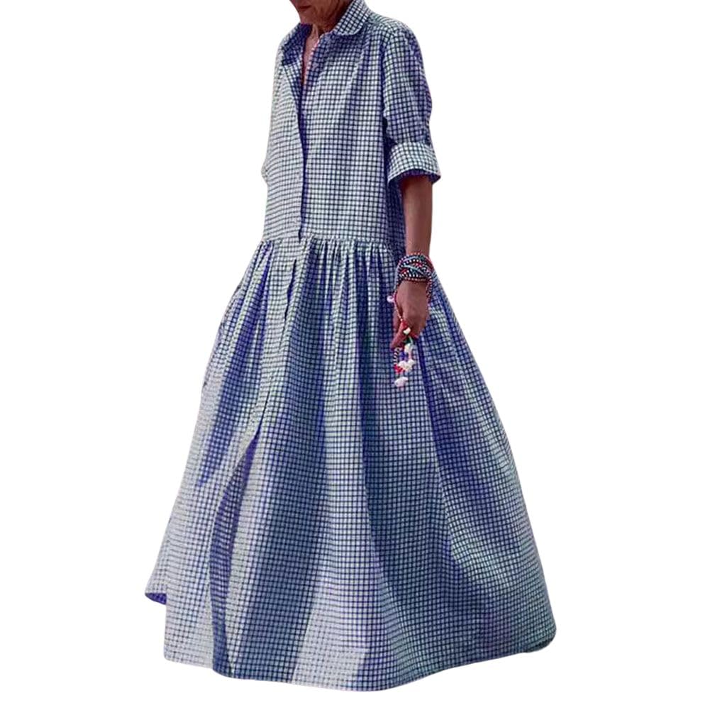 Women's Vintage Plaid Shirt Dress, Loose Checkered A-Line Maxi Dress