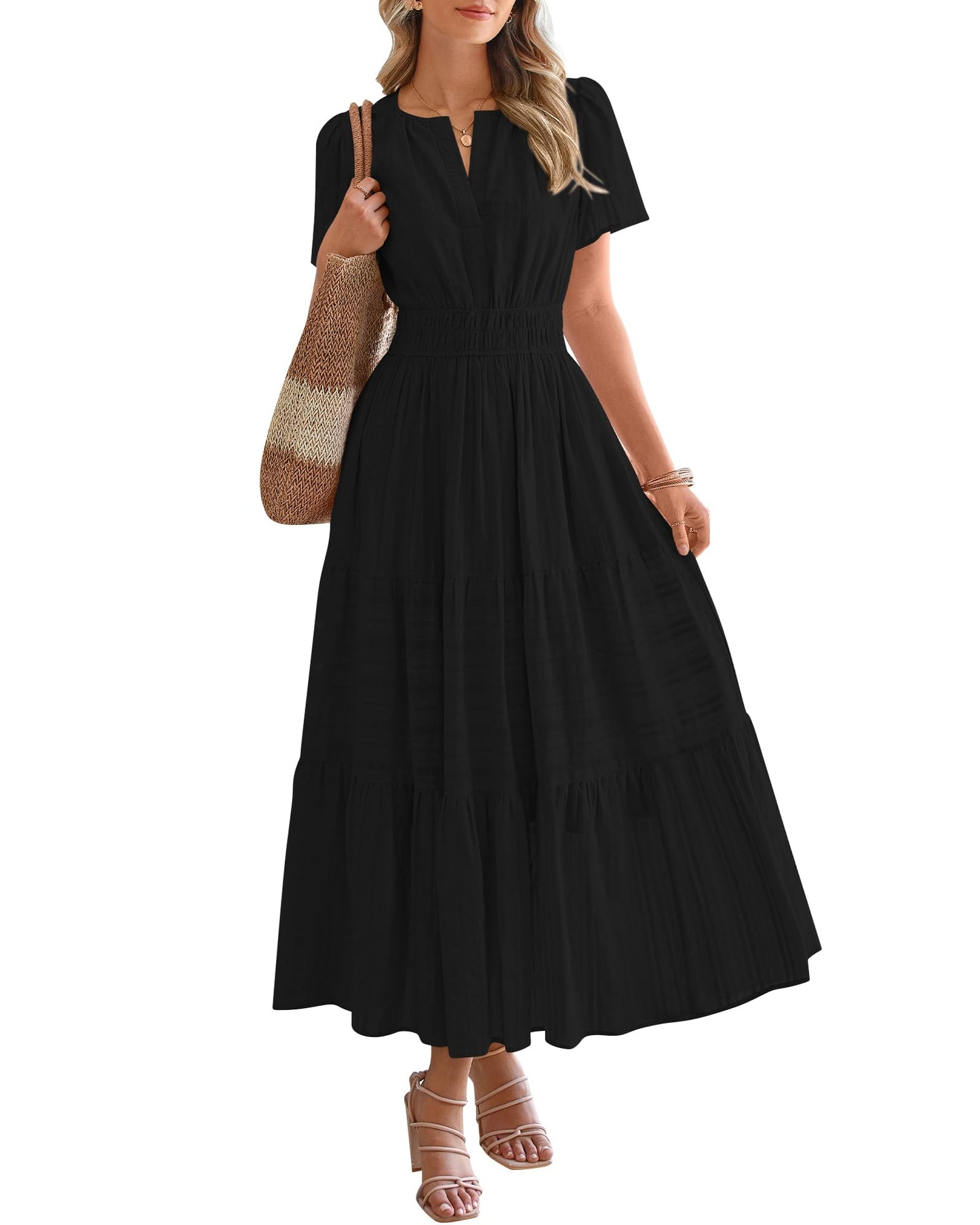 Women's Lightweight Short Sleeve V Neck Elastic Waist Dresses