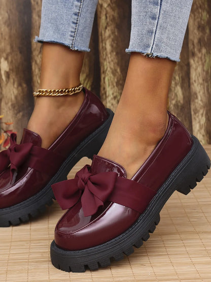 Bow PU Leather Round Toe Loafers