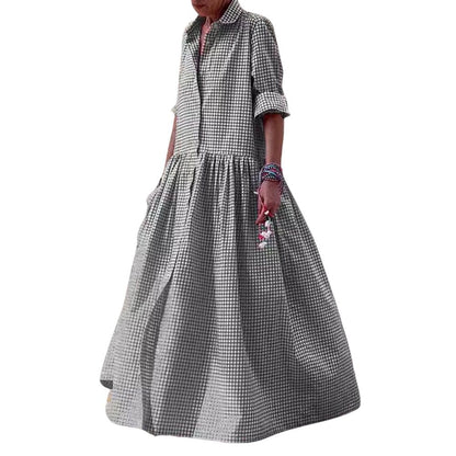 Women's Vintage Plaid Shirt Dress, Loose Checkered A-Line Maxi Dress