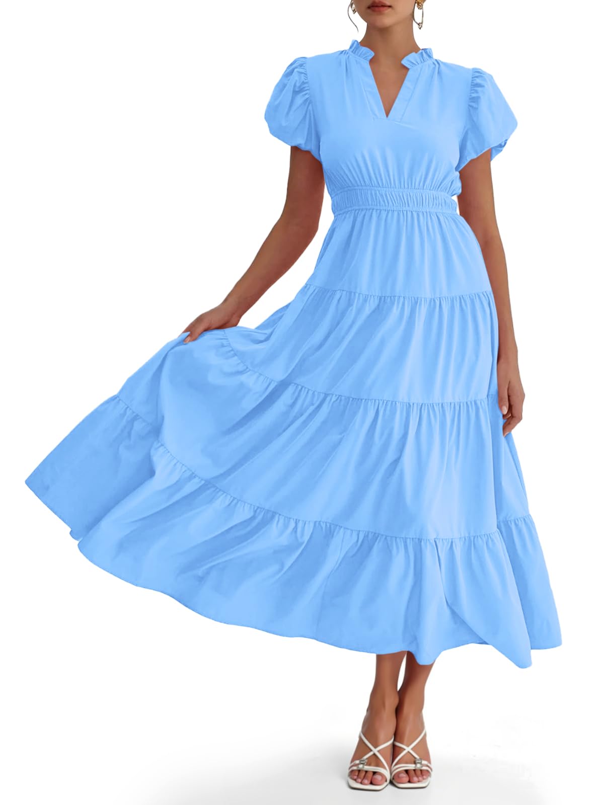 Puff Short Sleeve V Neck Flowy Tiered Beach A-Line Dresses