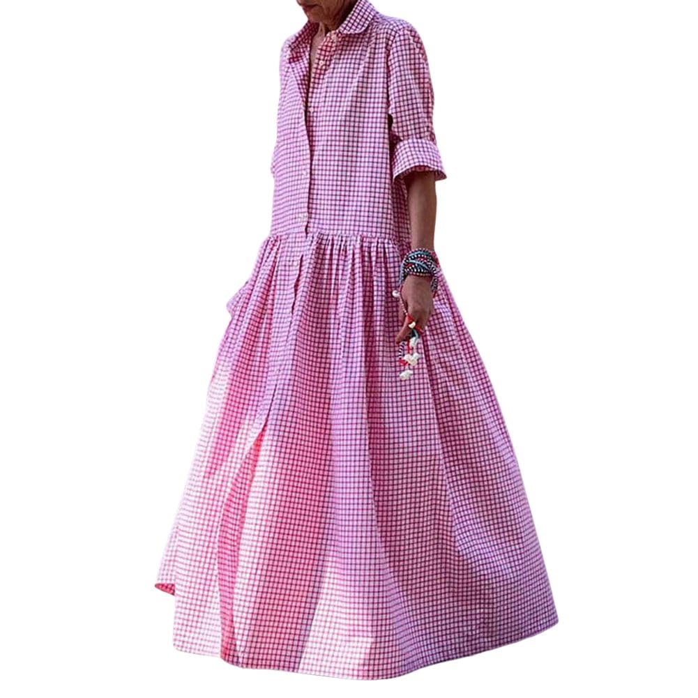 Women's Vintage Plaid Shirt Dress, Loose Checkered A-Line Maxi Dress