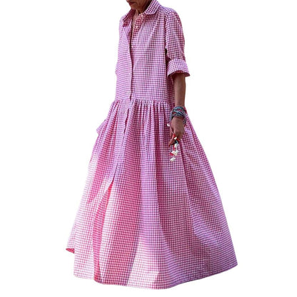 Women's Vintage Plaid Shirt Dress, Loose Checkered A-Line Maxi Dress