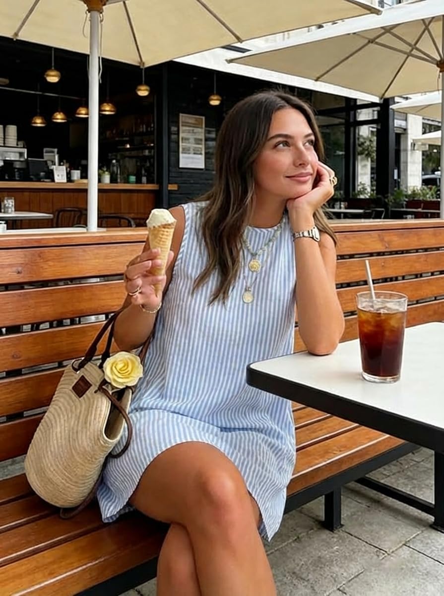 Womens Striped Dress Spring Summer Beach Boho Sleeveless Mini Sundress