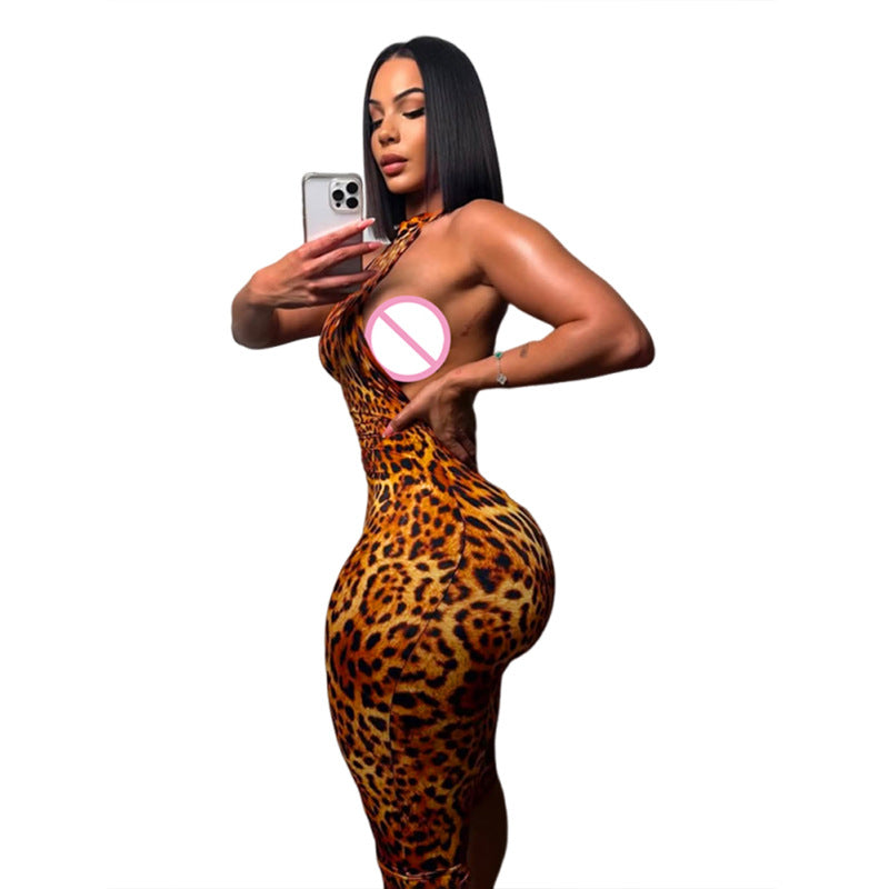 Leopard Print Sleeveless Backless Bodycon Jumpsuit for Women