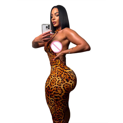 Leopard Print Sleeveless Backless Bodycon Jumpsuit for Women
