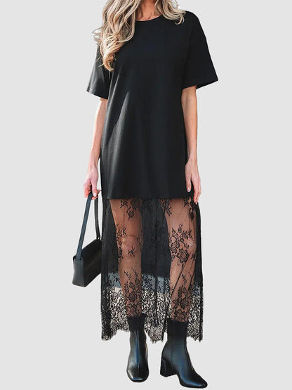 Women's Oversized T-Shirt Maxi Dress with Sheer Lace Hem Drop
