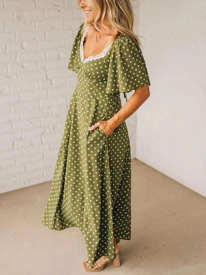 HOT SALE Women's Polka Dot Lacy Neckline Smocked High Waist Maxi Dress