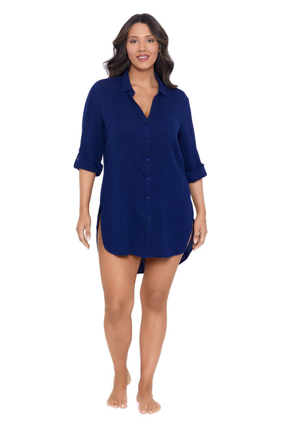 Trimshaper Solid Button Down Beach Shirt Swim Cover Up - Ink - FINAL SALE
