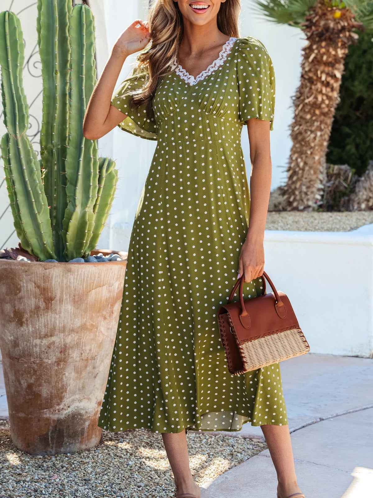 HOT SALE Women's Polka Dot Lacy Neckline Smocked High Waist Maxi Dress
