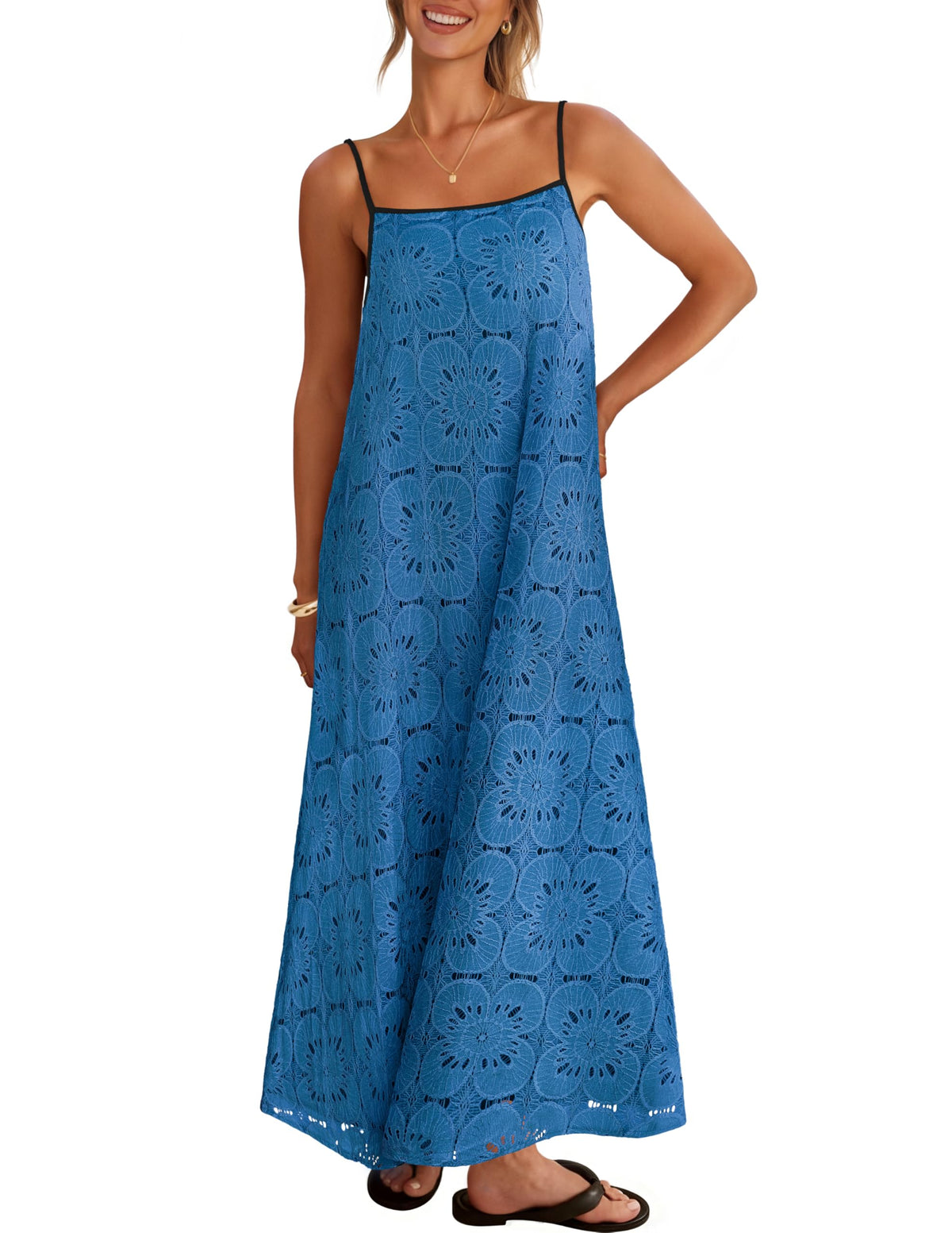 2026 Casual Sleeveless Floral Lace Eyelet Boho Beach Maxi Dress