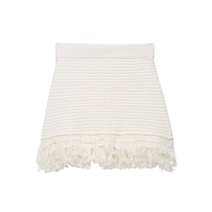 Tassel embellished plaid knitted jacket+half skirt set