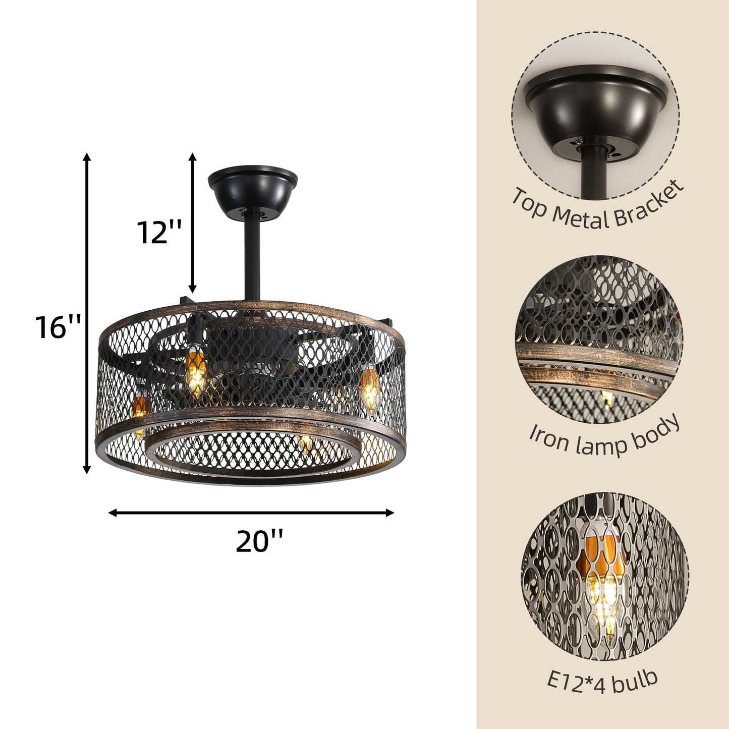 20-Inch Caged Ceiling Fan with Lights