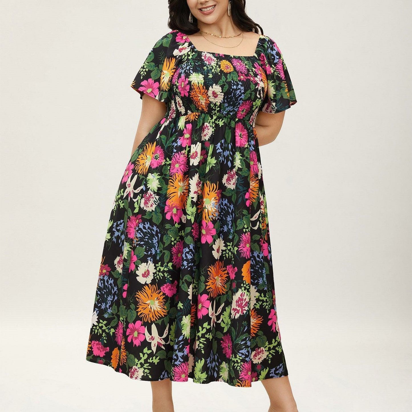 Floral Square Neck Midi Dress with Pockets