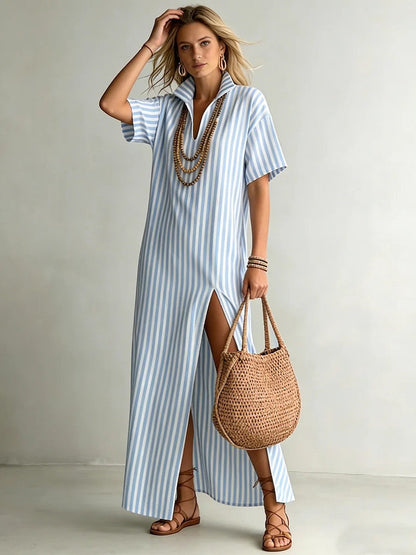 V-neck short sleeved striped split cotton linen dress