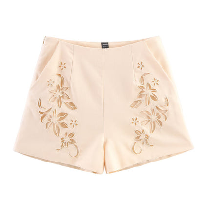 Hollow embroidery cotton linen style vest+shorts set