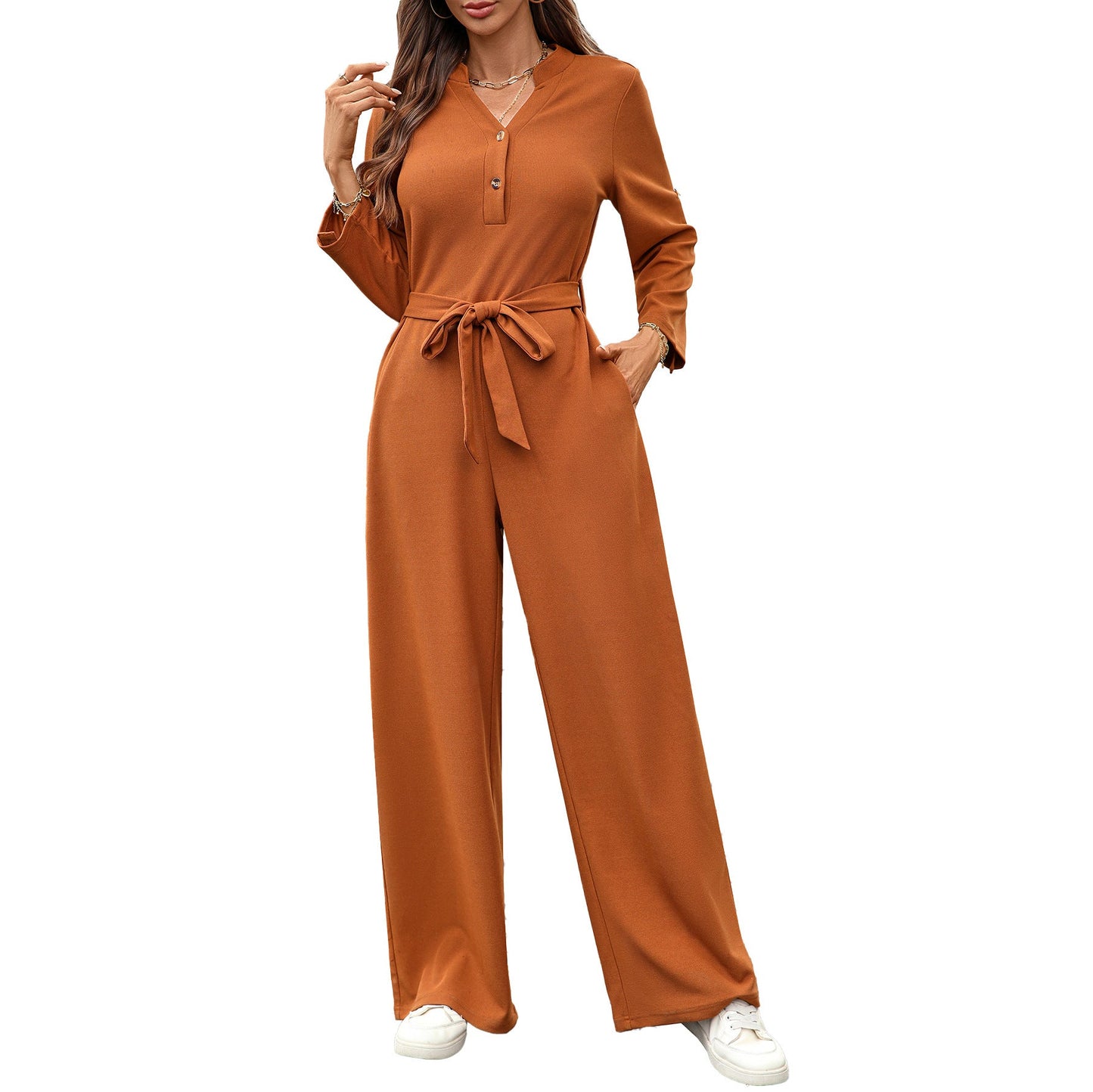 Solid color high waisted button up long sleeved loose jumpsuit