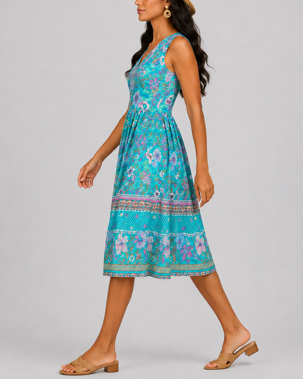 Women's Fashion Ethnic Style Blue Printed V-Neck Open Front Sleeveless Dress
