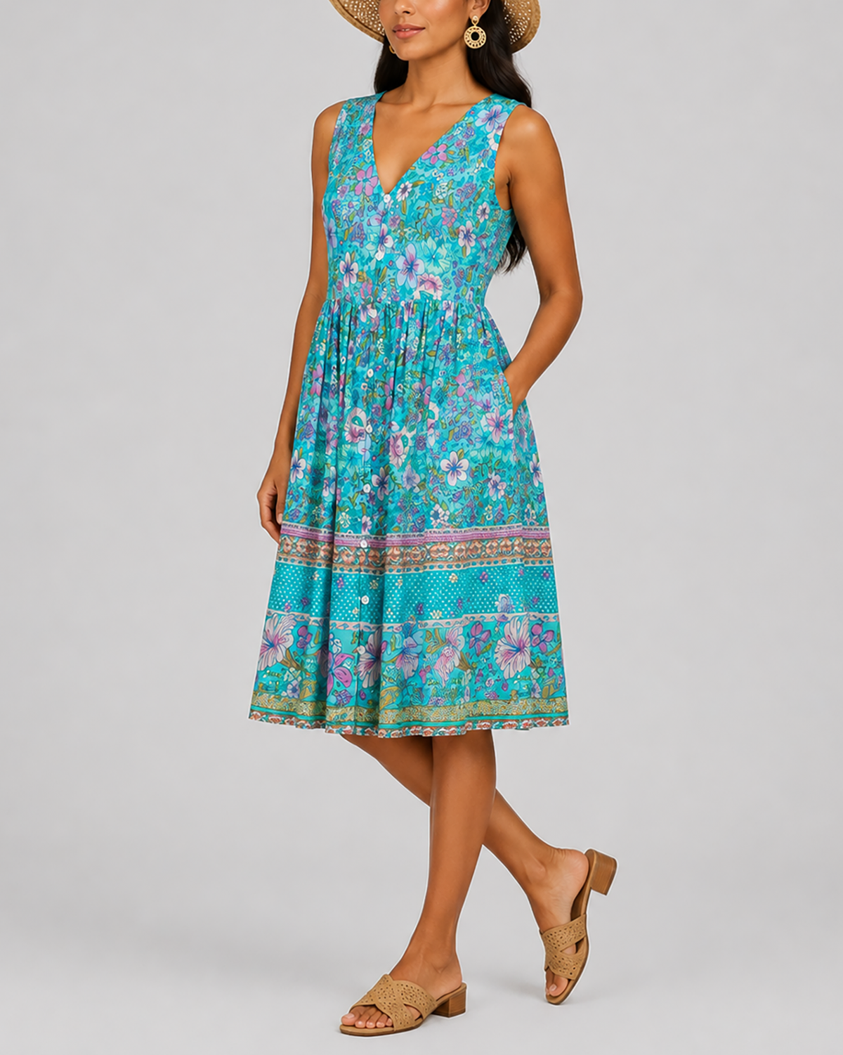 Women's Fashion Ethnic Style Blue Printed V-Neck Open Front Sleeveless Dress