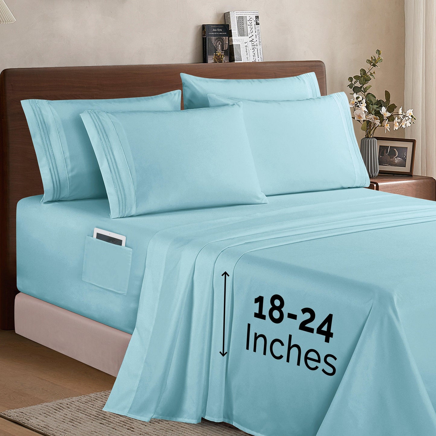 Elegant Comfort Extra deep Pocket 3 Line Embroidery, 6-Piece Sheet Set