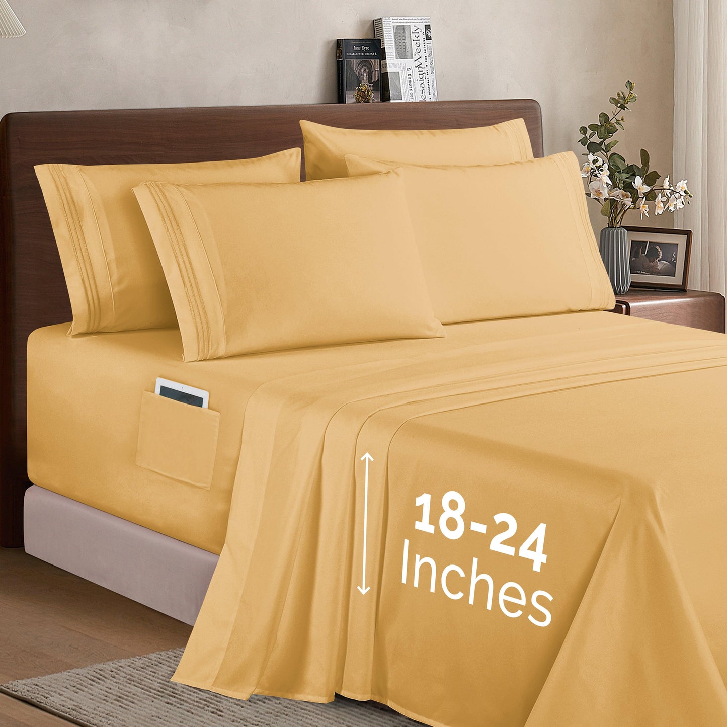 Elegant Comfort Extra deep Pocket 3 Line Embroidery, 6-Piece Sheet Set
