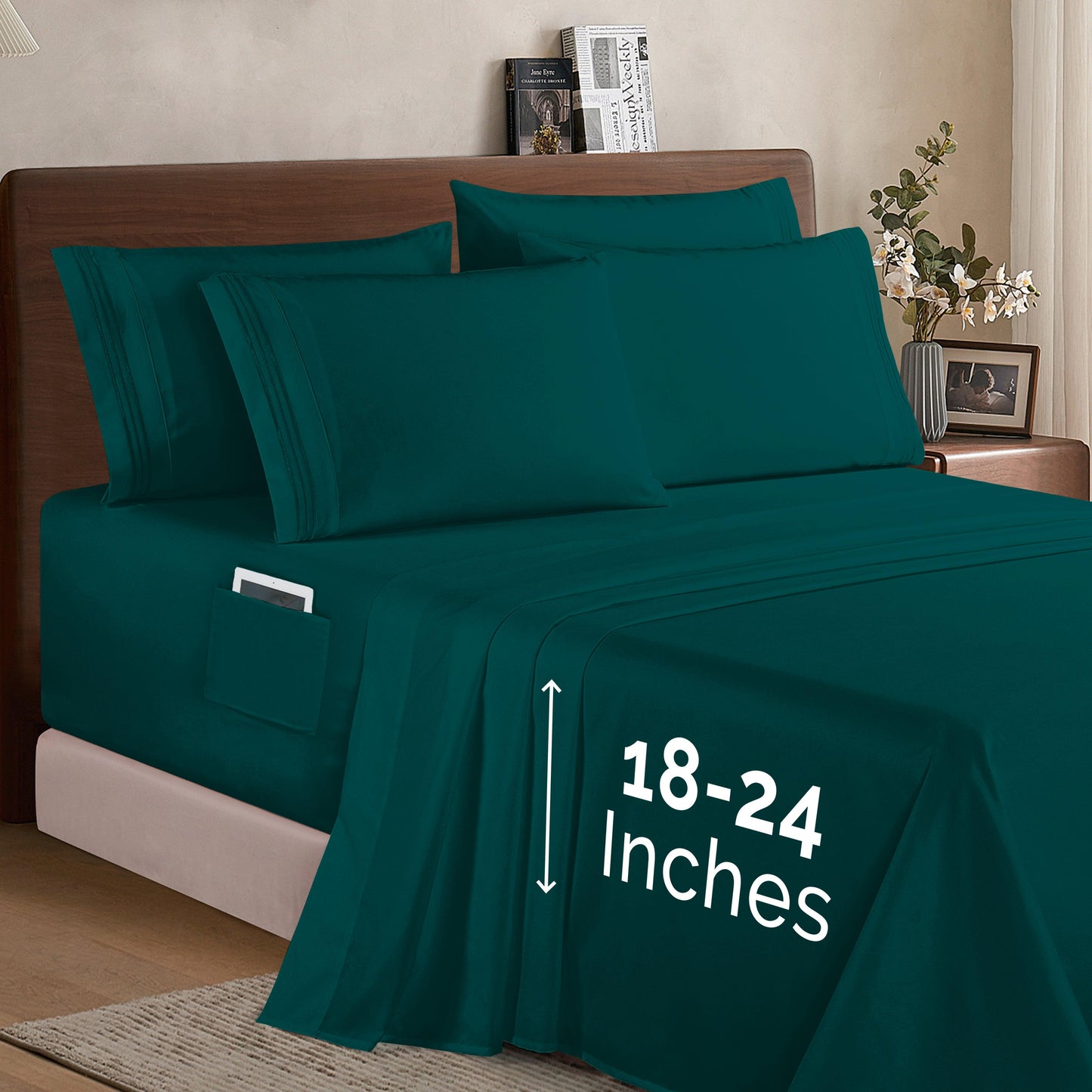 Elegant Comfort Extra deep 18-24 Inch Pocket 3 Line Embroidery, 6-Piece Sheet Set, Moody Shades