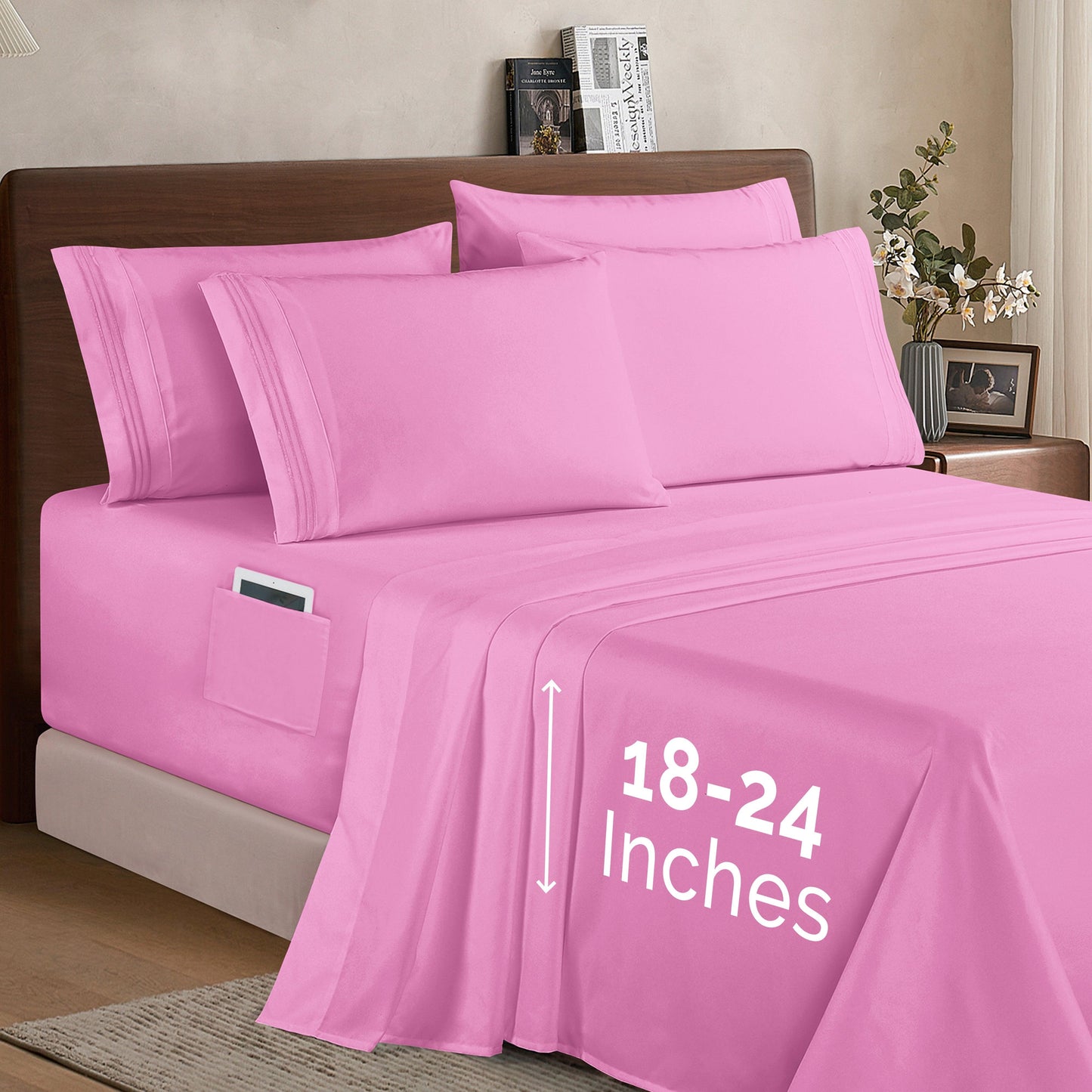 Elegant Comfort Extra deep Pocket 3 Line Embroidery, 6-Piece Sheet Set