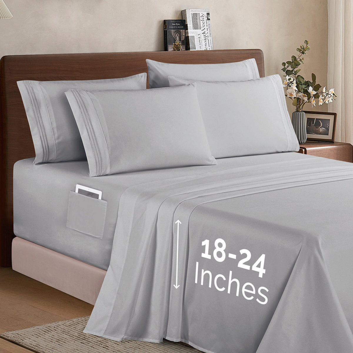 Elegant Comfort Extra deep Pocket 3 Line Embroidery, 6-Piece Sheet Set