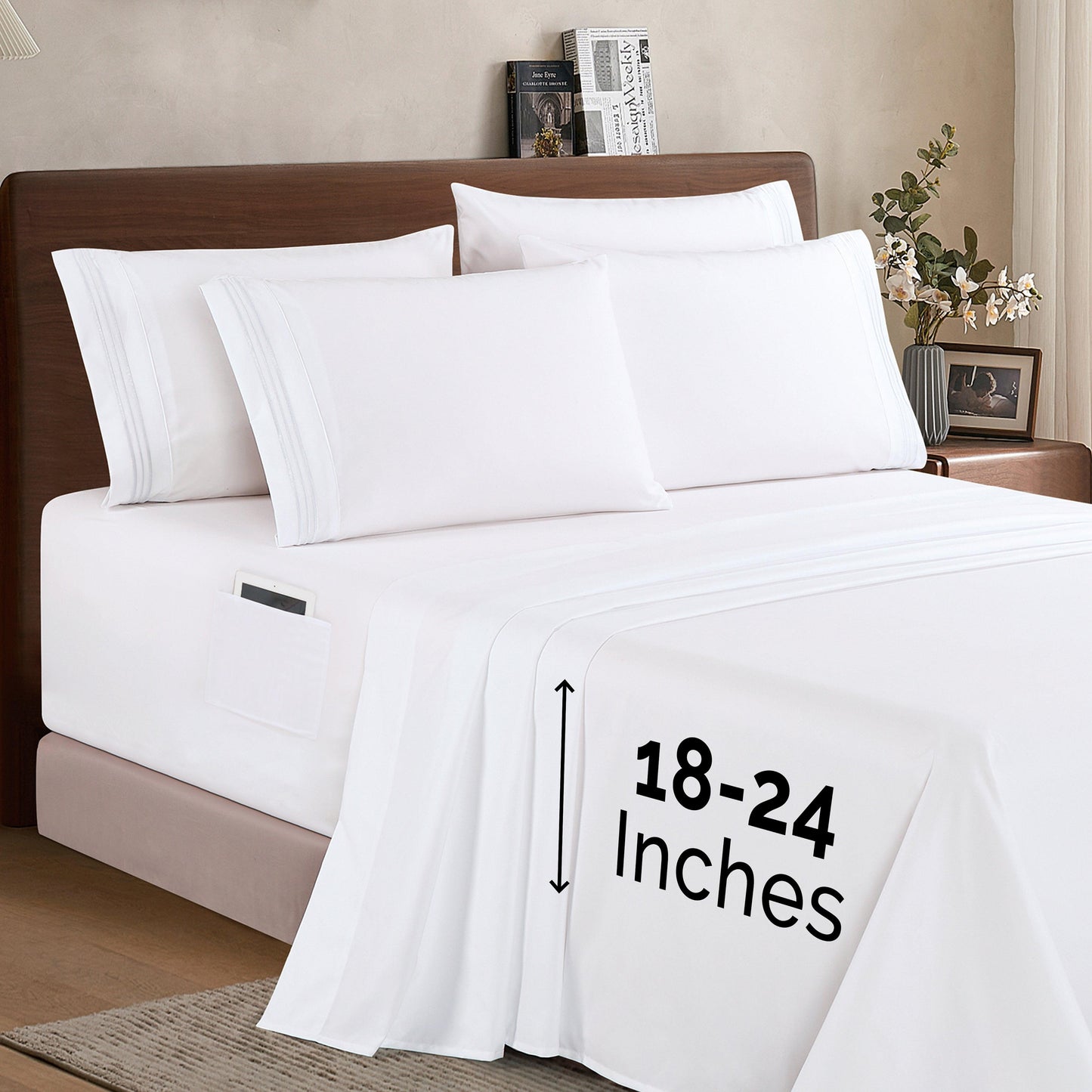 Elegant Comfort Extra deep Pocket 3 Line Embroidery, 6-Piece Sheet Set