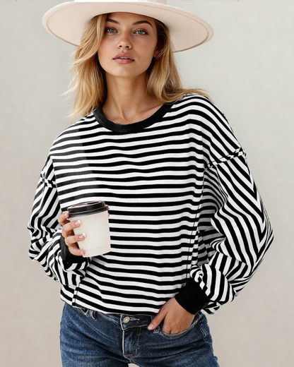 Annie Exposed Seam Drop Shoulder Casual Pullover Top - Black
