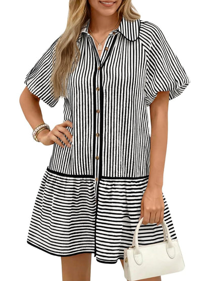 Women's Sweet Striped Lapel Puff Sleeve Midi Dress