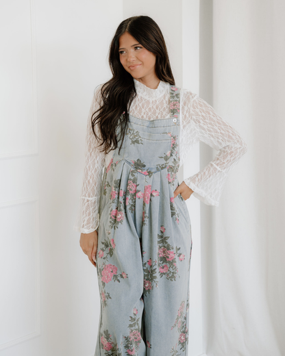 Floral Pleated Wide Leg Denim Overalls