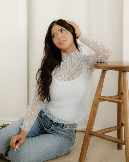 Claire Floral Lace Long Sleeve Slim Fit Top - Blue