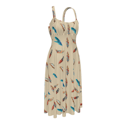 Baha Ranch Country Girl Feather Print High Waist Sun Dress